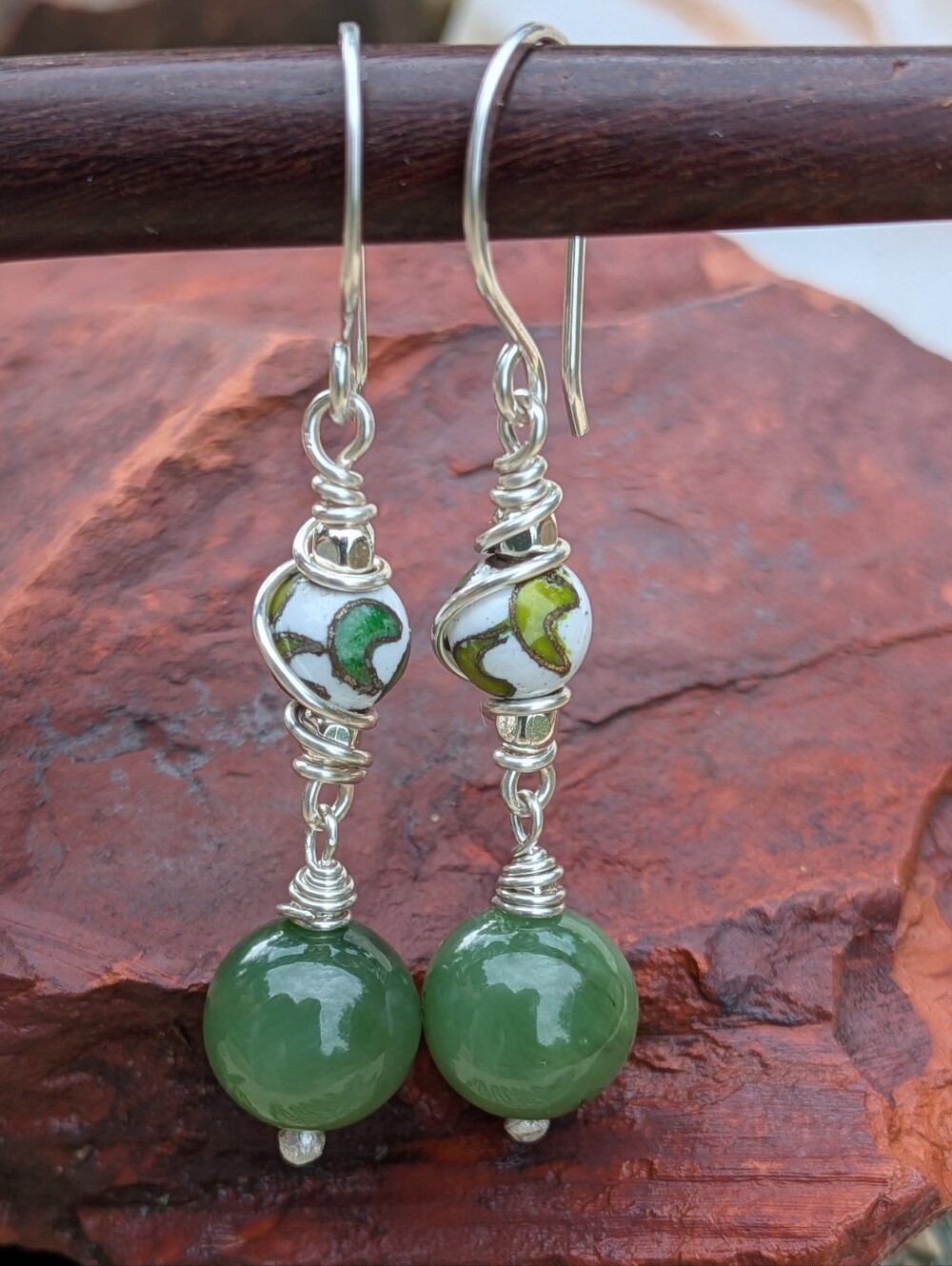 Artisan Jade Earrings-Natural Gemstone and Vintage Cloisonne In Sterling Silver - Picture 12 of 14